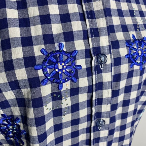 Quacker Factory Embroidered Button Up Shirt XXS Blue Gingham Short Sleeves - Picture 3 of 7